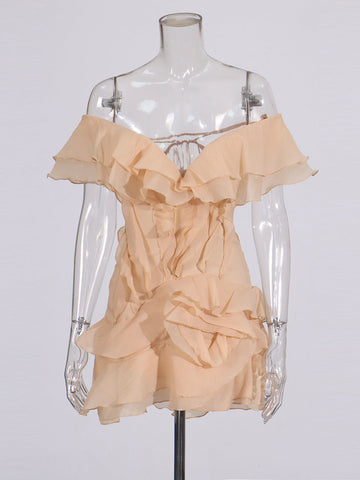 Holiday Wind Shoulder Short Dress 2025 New V Collar Shoulder Lotus Side Flower Dress Female High Sense